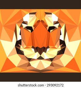 Wild tiger stares forward. Nature and animals life theme background. Abstract geometric polygonal triangle illustration for use in design for card, invitation, poster, banner, placard, billboard cover