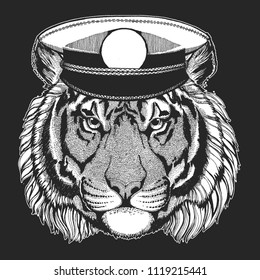 Wild tiger Vector print for children. Capitan, pirate animal. Brave sailor. Design for kindergarten, school kids clothing, t-shirts.