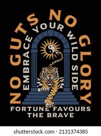 Wild Tiger Walking Down Archway Gate with Stairs Illustration with Slogans Artwork on Black Background for Apparel and Other Uses