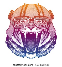Wild tiger wearing motorcycle helmet. Speed and road. Vintage style vector illustration. Face of dangerous animal. Portrait of biker. Realistic head of cat hunter.
