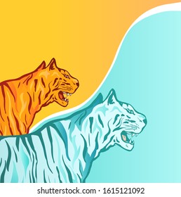 Wild tigers hand drawn vector illustration. Two tropical wildcats, yellow and blue color beasts composition. Surreal exotic predators. Spiritual animal concept. Angry predators drawing