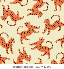 Wild tigers hand drawn vector illustration. Funny cat animal seamless pattern for kids fabric or wallpaper.