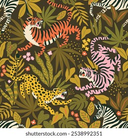 Tigres selvagens, leopardos e zebra no fundo de flores de plantas tropicais. Impressão de animais safári. Design de tecido na moda. Padrão sem costura vetor. 