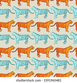 Wild tigers tribal style seamless pattern. Circus or zoo blue and orange wild cats. Exotic safari animals, jungle fauna tileable texture. Creative childish wallpaper, wrapping paper or textile design