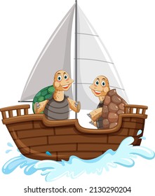 Wild tortoises on a ship in cartoon style illustration