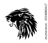 wild totem big cat head with traditional native american chief feathered decor - tribal style panther or cougar animal black and white vector design