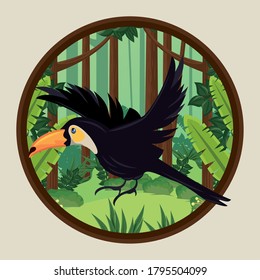 wild toucan bird flying in the jungle circular frame vector illustration design
