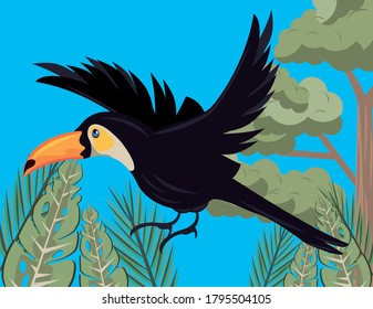 wild toucan bird flying in the jungle scene vector illustration design