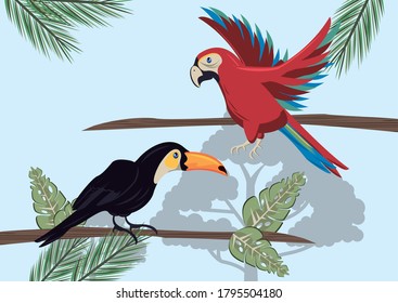 wild toucan and parrot birds flying in the jungle vector illustration design