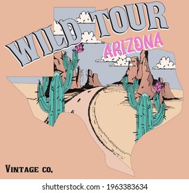 Wild Tour vintage style print design with mountain and cactus drawing as vector. Texas desert illustration for t shirt print, sticker or other uses.