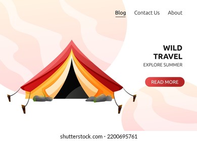 Wild travel vector banner concept. Red and yellow camp tent. Hiking, hunting, fishing web site concept.