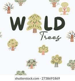 Wild Trees with Happy Faces Hand-Drawn Illustration