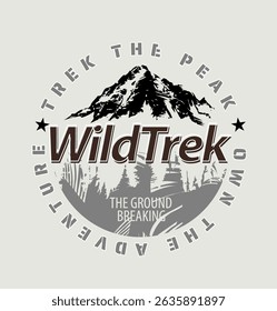 wild trek slogan with mountain peak and palm leafs silhouette in circle frame emblem vector illustration