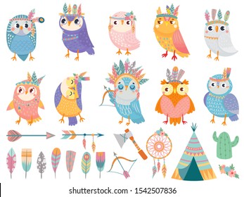 Wild tribal owl. Cartoon owls with tribals feathers, forest birds and arrows. Flower wreath, feather and dreamcatcher. Wildlife ethnic owlet characters isolated vector icons set