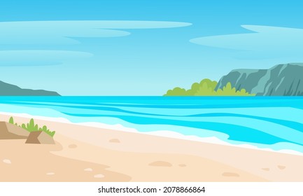 Wild tropical beach with sea lagoon landscape. Gray sand with stones and vegetation mountains on horizon and blue sky with clouds exciting travel and summer tourism. Vector cartoon adventure.