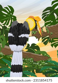 El ave tropical silvestre Great Hornbill Buceros bicornis se sienta en una rama de la selva tropical.  Paisaje vertical vectorial realista