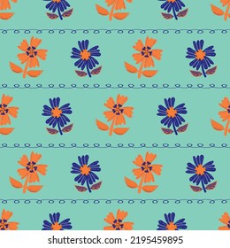 Wild tropical flower seamless vector pattern background. Modern style neon blue orange flowers geometric backdrop. Hand drawn line art outline silhouette botanical design. Island tropics repeat