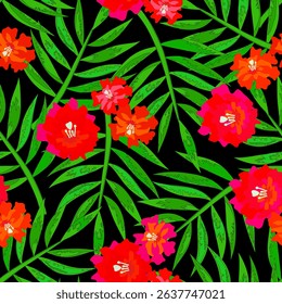 Wild tropical garden with bright red flowers and green palm leaves on black background. Exotic seamless pattern in African, Indian, Asian style for fabric, cover, wallpaper. Summer collection. Vector.