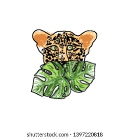 wild tropical hand drawn leopard character hiding in the green jungle rainforest  cartoon hand drawn doodle style. wild life background