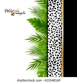 Wild tropical jungle background with jaguar pattern and green palm leaves border. Vector card with copy space in material design style.