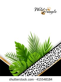 Wild tropical jungle background with jaguar pattern and green palm tree leaves decoration. Vector card with copy space in material design style.