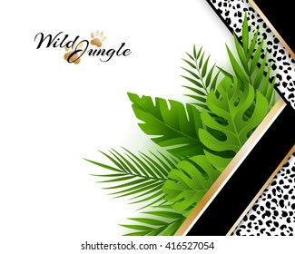 Wild tropical jungle background with jaguar pattern and green palm leaves decoration . Vector horizontal card with copy space in material design style.