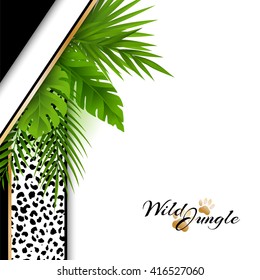 Wild tropical jungle background with jaguar pattern and green palm leaves. Vector card with copy space in material design style.