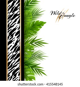 Wild tropical jungle background with tiger pattern and green palm leaves  vertical border. Vector card with copy space in material design style.