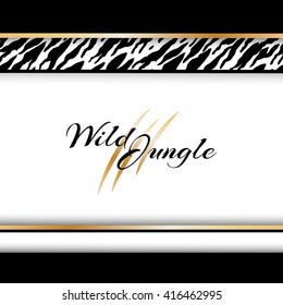 Wild tropical jungle background with tiger pattern. Vector card with decorative horizontal borders and copy space in material design style.