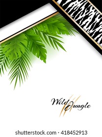 Wild tropical jungle background with tiger pattern and green palm leaves decoration. Vector vertical card with copy space in material design style.