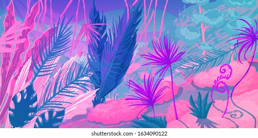 Wild tropical landscape at forest with jungle plants. Fantasy nature scenery in pink and purple colors. Vector illustration