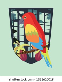 wild tropical parrot bird in shield frame vector illustration design