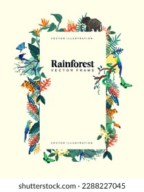 Wild and tropical rainforest frame design with plants and animals. Vector decorative illustration.