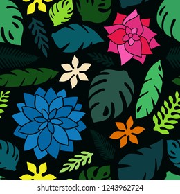 Wild tropical rainforest plants seamless pattern. Hand drawn vector illustration