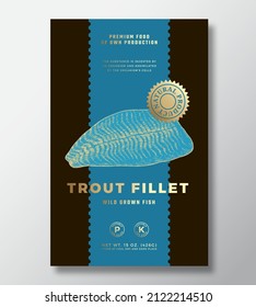 Wild Trout Fillets Abstract Vector Packaging Label Design Template. Modern Typography Banner, Hand Drawn Fish Sketch Silhouette. Color Paper Background Layout with Gold Foil. Isolated