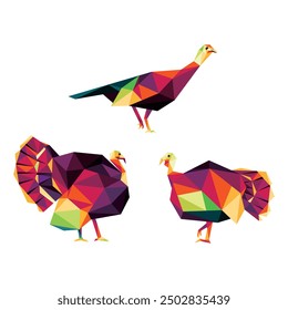 Wild Turkey Colorful Abstract Vector Set. Collection of Chicken Wild Turkey in Colorful Polygonal Low Poly. Colorful Logo of Wild Turkey Set