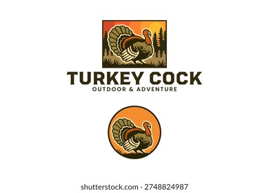 Wild turkey gobbler with sunset forest landscape retro badge logo design set for hunting and journey. Gobbler turkey wilderness scene vintage patch symbol graphic pack for adventure and outdoor