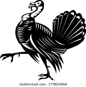 Wild Turkey Marching Side View Retro Black and White 