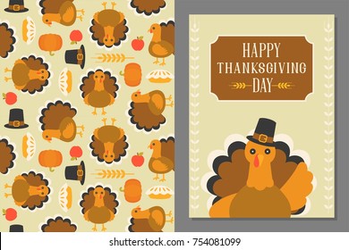 wild turkey seamless pattern and greeting card template for thanksgiving day, flat design