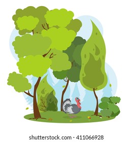 wild turkey standing among the trees in a dense forest. turkey in the forest. vector