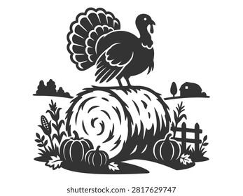 Wild turkey standing on large hay bale in a rustic autumn farm field