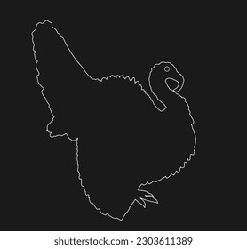 Wild turkey vector line contour silhouette illustration isolated on black background. Meleagris gallopavo. Male turkey shape shadow, bird symbol.