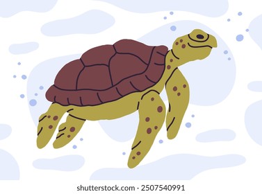 Wild turtle. Cartoon ocean turtle with shell, cute swimming marine reptile flat vector illustration. Hand drawn underwater turtle