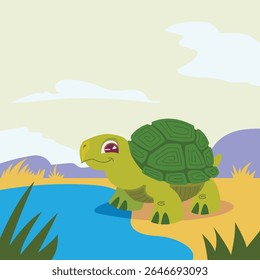Tartaruga selvagem movendo-se lentamente através de terreno natural, cercada por grama e rochas. Ideal para a vida selvagem, répteis, natureza e temas de conservação ambiental.