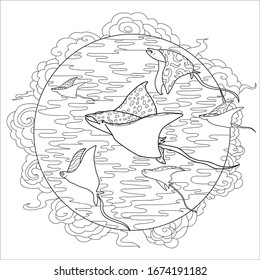 Wild underwater animals fish stingrays manta rays in flight for coloring book without color and background, against a round frame, sky and clouds.Sketch for a tattoo doodle style.