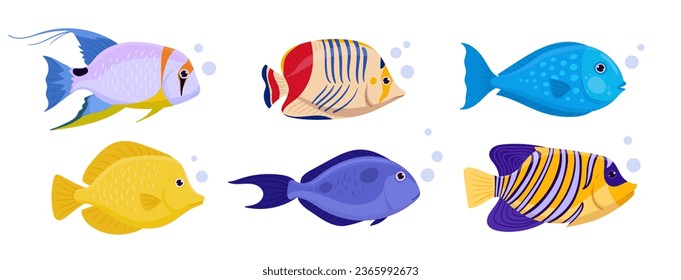 Wild underwater fish. Cartoon exotic fish tropical fish, saltwater marine fauna flat vector illustration set. Fish collection