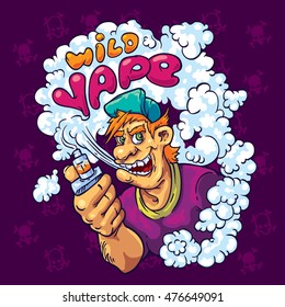Wild Vapor Bill vector illustration. Sticker illustration vapor man Bill in the clouds on a purple background with skulls. T-shirt illustration.