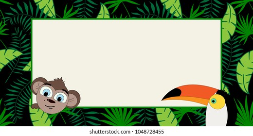 Wild vector banner with tropical plants, toucan and monkey in a trend. Design text box frames.