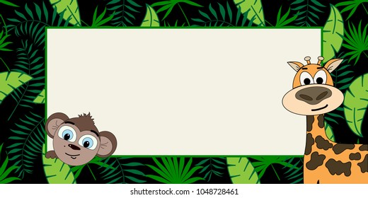 Wild vector banner with tropical plants, monkey and giraffe in a trend. Design text box frames.