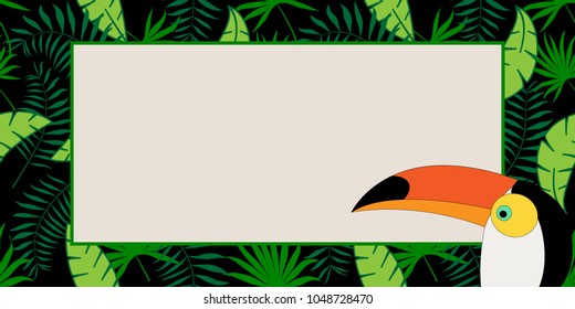 Wild vector banner with tropical plants, toucan in a trend. Design text box frames.